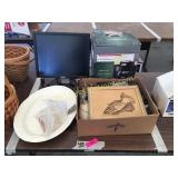 Coleman coffee maker, Dell monitor, platter