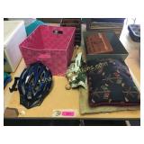 Pillows, storage containers, bike helmet, Tackle