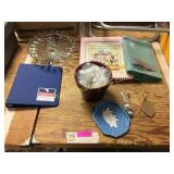 Buttons, glass serving trays, table cloth, misc