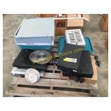 Heater, trays, stereo equipment, misc