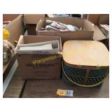 Fabric, picnic basket, cookbooks