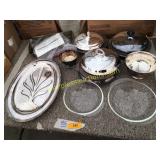 Pyrex bowls, silverplated platter, bowls, misc