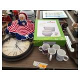 Toilet seat riser, mugs, clock home décor