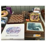 Chess set, platter, books, misc
