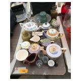 Pitchers, shot glasses, teapot, misc