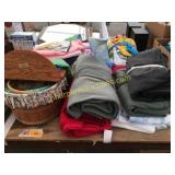 Wood basket w/craft supplies, bolts of fabric