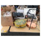 Stemware, copper skillet, plant stand, misc