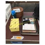 Basket w/sewing notions, baking sheets, misc