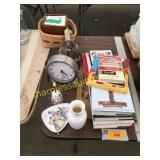 Books, desk clock, misc