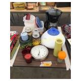 Mr Coffee maker, candles, wall clock, plasticware