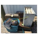 Monitor, bowling ball, briefcases, misc