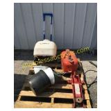 Gas can, floor jack, planters, Fimco tank