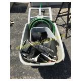 Garden cart, hose, can crusher, misc