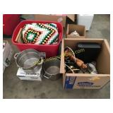 Strainer, pot, afghan, table lamp, misc