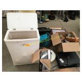 Table lamp, pictures, Longaberger basket, HP