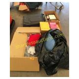 Dishes, pillows, books, suitcase