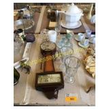 Wall clock, vase, sundae glasses, ashtray, misc