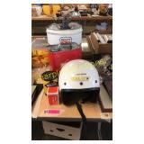 Old gas cans, helmet, misc