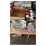 Wooden crate, stamps, mugs, household items