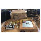 Clock, wooden box, Toshiba radio, misc
