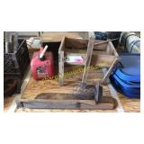 Gas can, wooden stand, misc