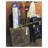 Canopy, shovels, folding chairs, ironing board,