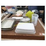 Cake/pie pans, pitchers, electric knife, misc