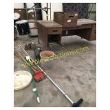 Desk, yard tools, misc