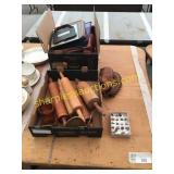 Baseball glove, rolling pins, misc