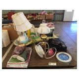 Table lamp, clock, RCA vhs player, misc