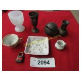 Vintage eye glass holder, bell and other items.