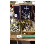 Antique silverware, crucifix candle holder
