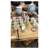 Assortment of mugs, Asian figurines, &