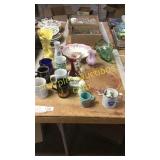 Assorted mugs, decorative bowl, pie plate