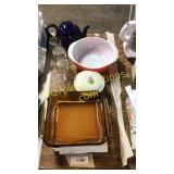 Pyrex baking dish, napkins, glasses, teapot,