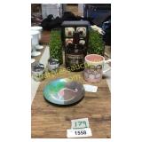 Set of glasses, storage box, corn whiskey bottle