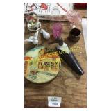 Cookie tin, bird decor, snow globe glassware