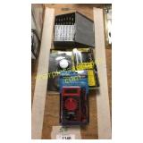 Multi tester, hobby knife kit, drill bits &