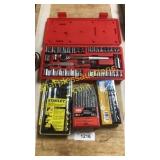 Socket set, hobby knife set, drill bits