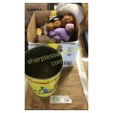 Kids books, stuffed animals & trash can