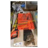 Handsaws, socket set, drill bits, sponges