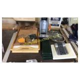 Soda stream, TV trays, scale, pot lids