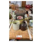 Old farm stool, crock, jug