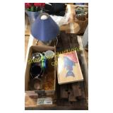 Wood shelf, cups, light