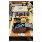 Vintage picnic basket, telephone, razors, misc