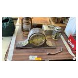 Old mante clock, lanterns, black & decker inflator