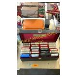 8 track tapes, cooler, vintage GE speakers, tools