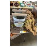 Potato sacks, metal bucket