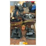 3 Binoculars, pentax camera, yashica camera