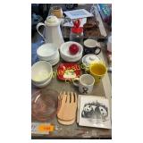 Set of bowls, pitcher, salad tossing forks